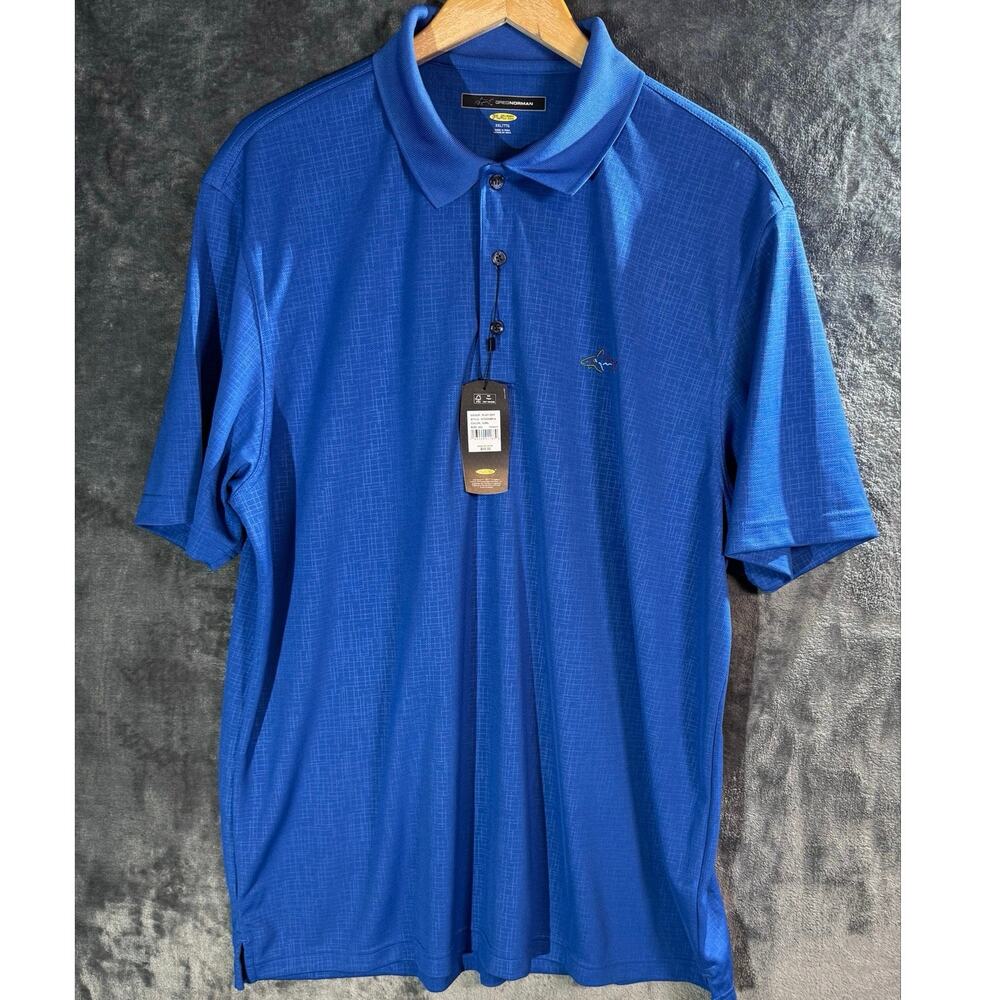 NWT Greg Norman Play Dry Golf Polo Shirt Men XXL Royal Blue Textured Shark Logo